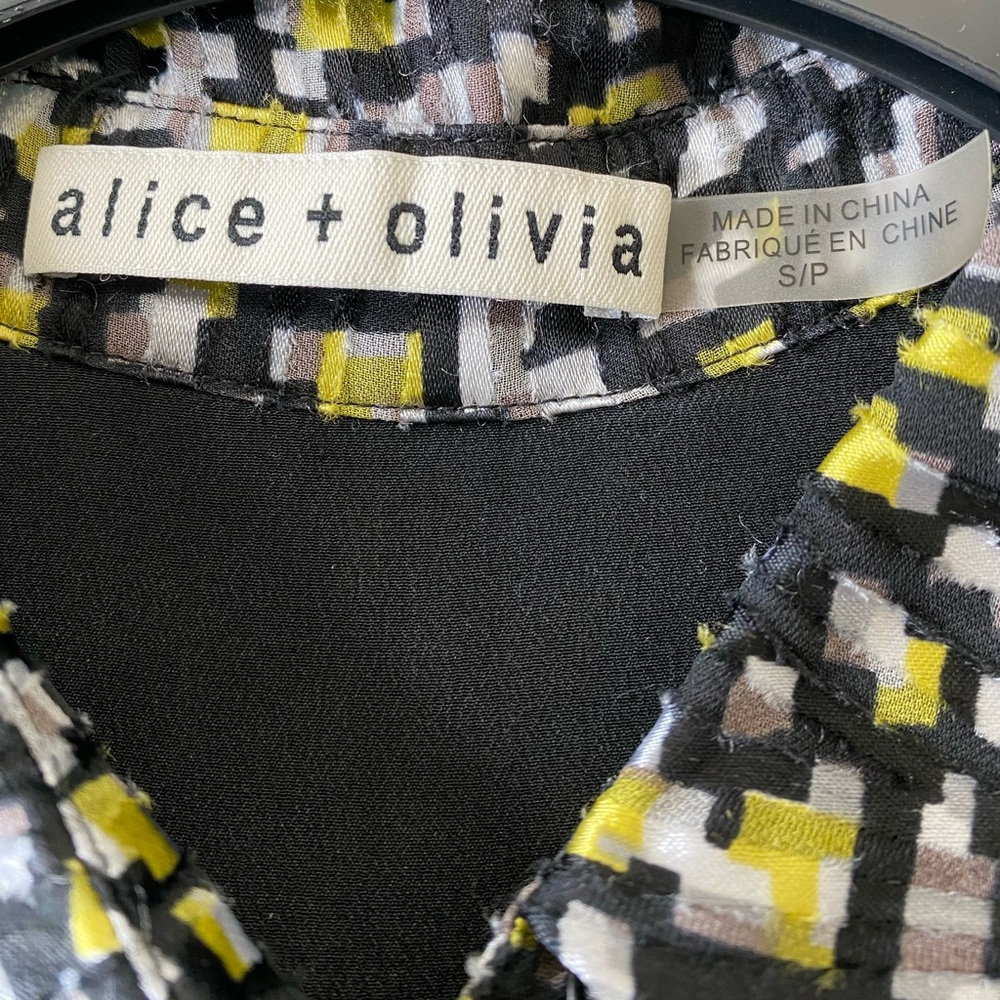 Alice + Olivia Willa Neon Yellow Multi Print Placket Blouse - Picture 4 of 6